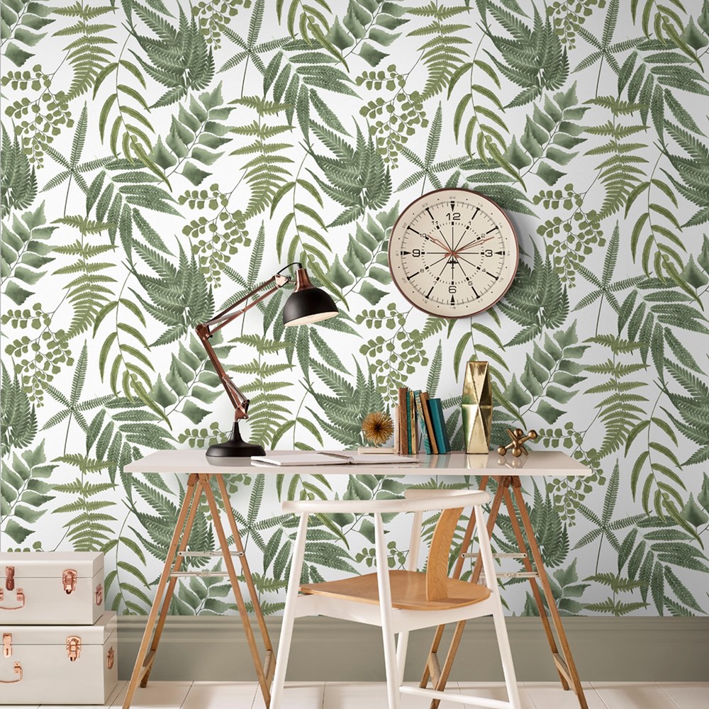 Midsummer Fern Wallpaper 107880 by Graham & Brown in Lush White